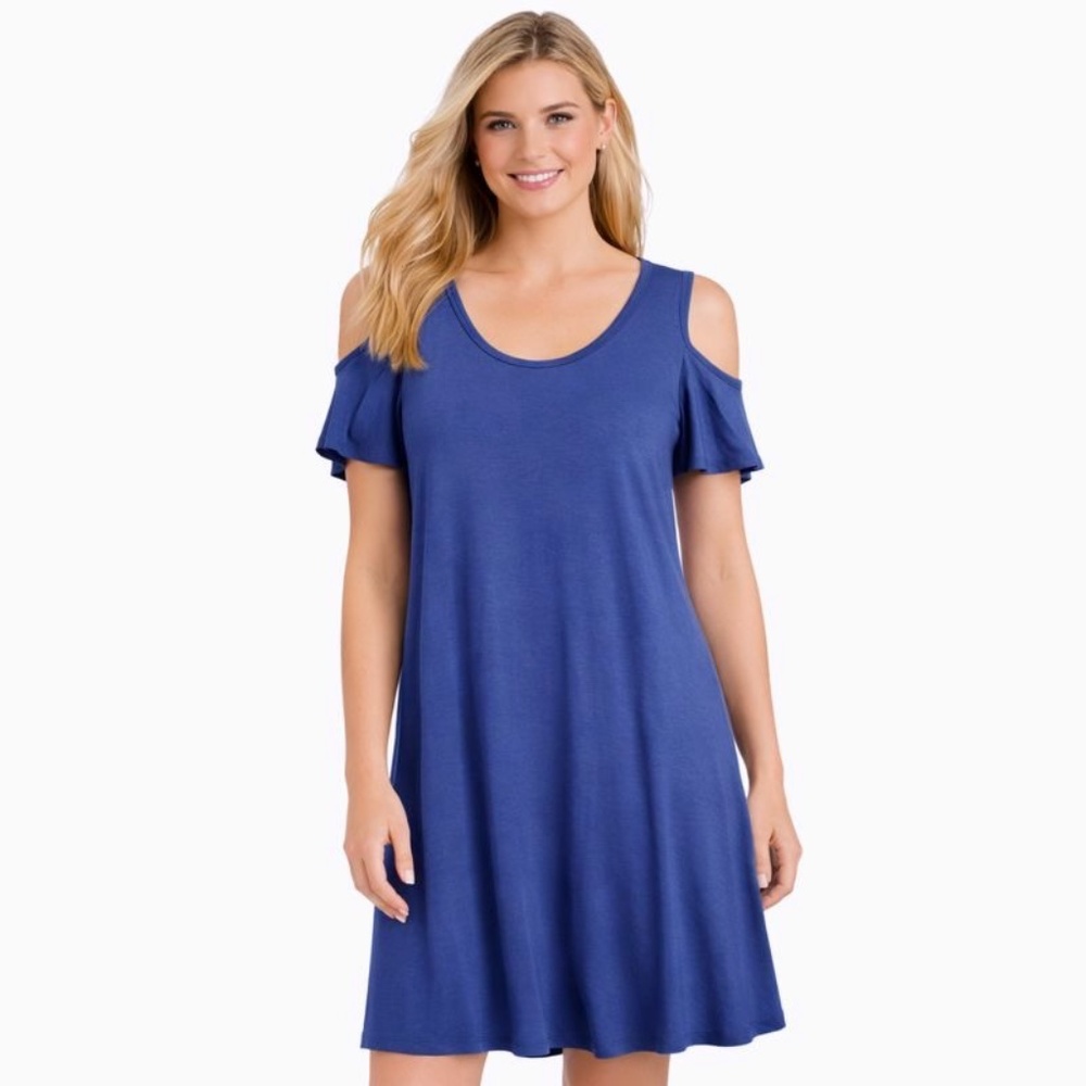QIXING Blue Cold Shoulder Swing Dress Flutter Sleeve Stretch Size M NWT